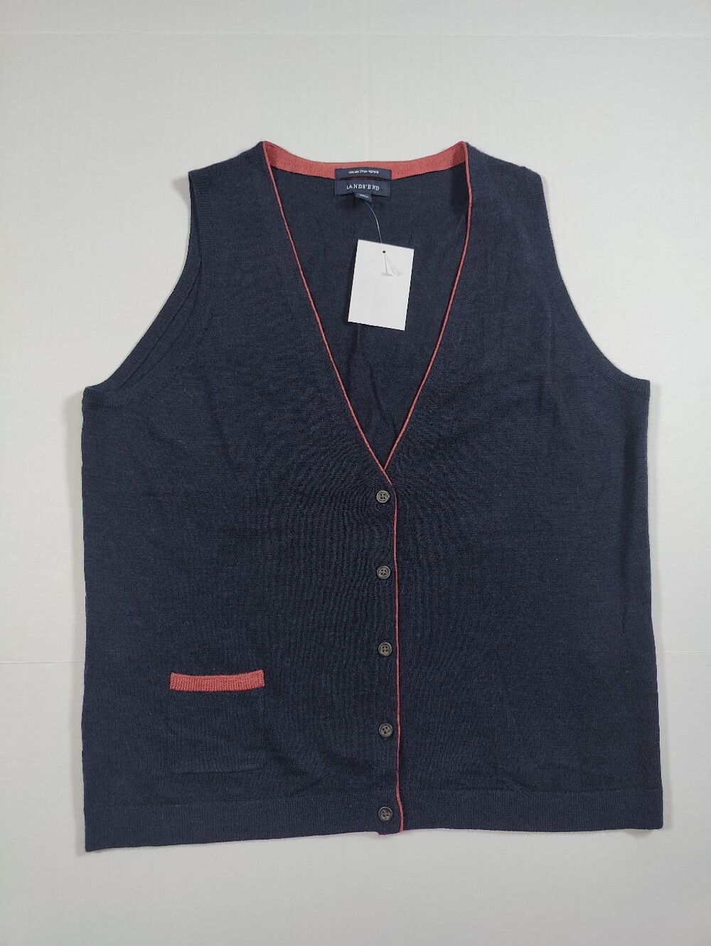 NWOT Lands' End Womens 100% Wool Navy Vest With Red Trim Size M